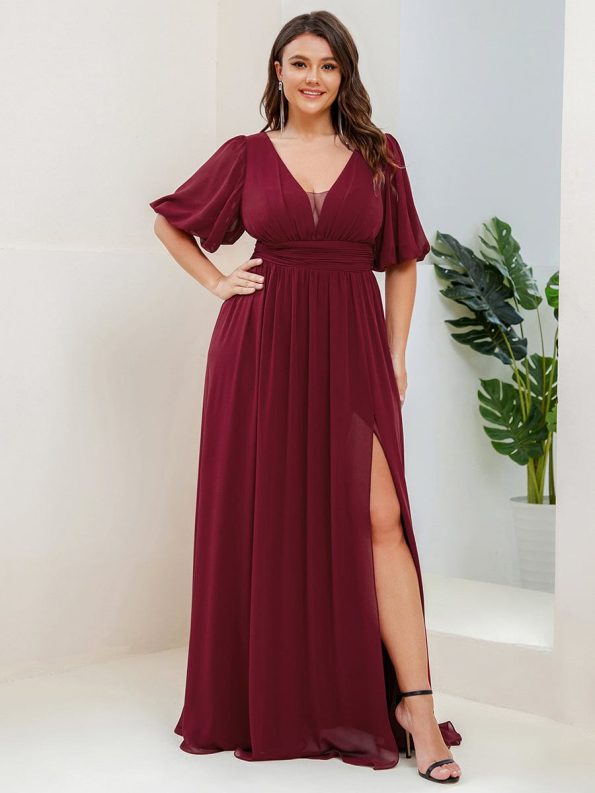 Chiffon Illusion V-Neck Flutter Sleeve Front Slit Evening Dress - Burgundy