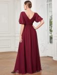 Chiffon Illusion V-Neck Flutter Sleeve Front Slit Evening Dress – Burgundy