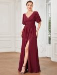 Chiffon Illusion V-Neck Flutter Sleeve Front Slit Evening Dress – Burgundy