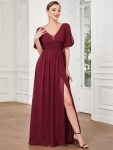 Chiffon Illusion V-Neck Flutter Sleeve Front Slit Evening Dress – Burgundy