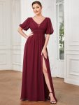 Chiffon Illusion V-Neck Flutter Sleeve Front Slit Evening Dress – Burgundy