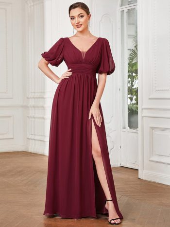 Chiffon Illusion V-Neck Flutter Sleeve Front Slit Evening Dress - Burgundy