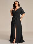 Chiffon Illusion V-Neck Flutter Sleeve Front Slit Evening Dress – Black