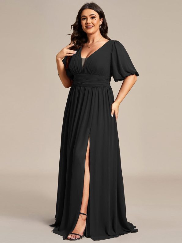 Chiffon Illusion V-Neck Flutter Sleeve Front Slit Evening Dress - Black