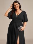 Chiffon Illusion V-Neck Flutter Sleeve Front Slit Evening Dress – Black