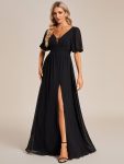 Chiffon Illusion V-Neck Flutter Sleeve Front Slit Evening Dress – Black