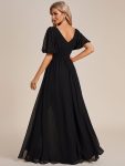 Chiffon Illusion V-Neck Flutter Sleeve Front Slit Evening Dress – Black