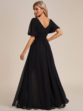 Chiffon Illusion V-Neck Flutter Sleeve Front Slit Evening Dress - Black