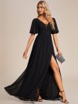 Chiffon Illusion V-Neck Flutter Sleeve Front Slit Evening Dress - Black