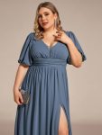 Chiffon Illusion V-Neck Flutter Sleeve Front Slit Evening Dress – Dusty Navy