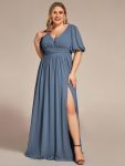 Chiffon Illusion V-Neck Flutter Sleeve Front Slit Evening Dress – Dusty Navy