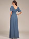 Chiffon Illusion V-Neck Flutter Sleeve Front Slit Evening Dress – Dusty Navy