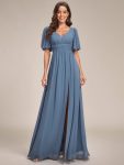 Chiffon Illusion V-Neck Flutter Sleeve Front Slit Evening Dress – Dusty Navy