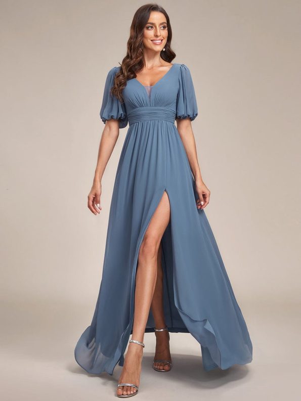 Chiffon Illusion V-Neck Flutter Sleeve Front Slit Evening Dress - Dusty Navy