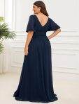 Chiffon Illusion V-Neck Flutter Sleeve Front Slit Evening Dress – Navy Blue