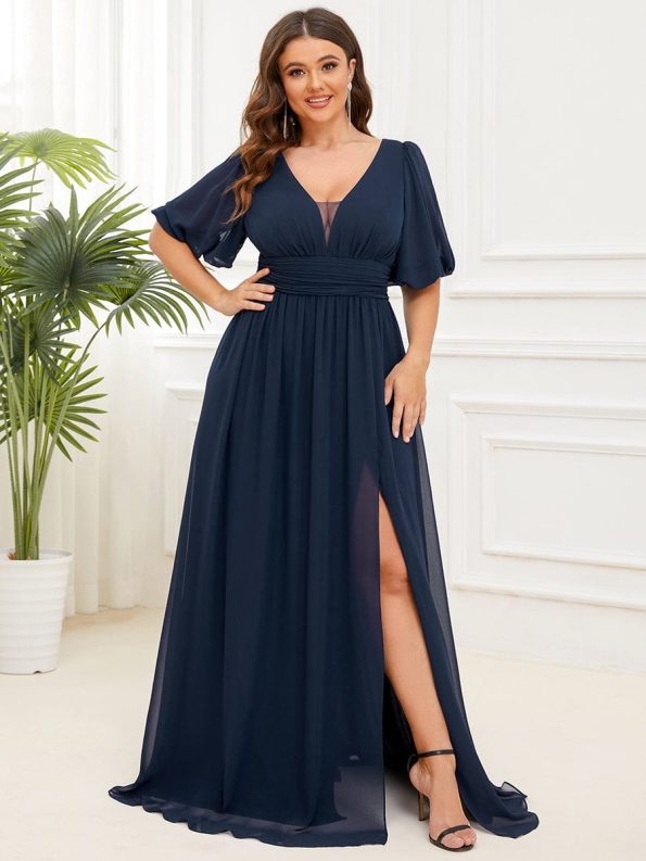 Chiffon Illusion V-Neck Flutter Sleeve Front Slit Evening Dress - Navy Blue