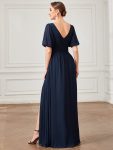 Chiffon Illusion V-Neck Flutter Sleeve Front Slit Evening Dress – Navy Blue