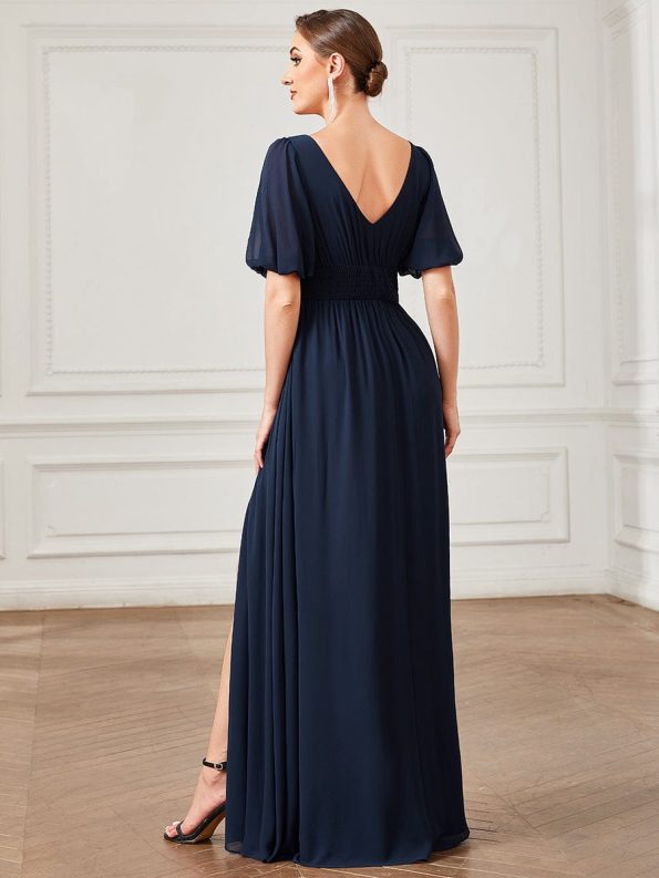 Chiffon Illusion V-Neck Flutter Sleeve Front Slit Evening Dress - Navy Blue