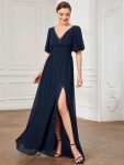 Chiffon Illusion V-Neck Flutter Sleeve Front Slit Evening Dress – Navy Blue