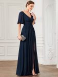 Chiffon Illusion V-Neck Flutter Sleeve Front Slit Evening Dress – Navy Blue