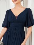 Chiffon Illusion V-Neck Flutter Sleeve Front Slit Evening Dress – Navy Blue