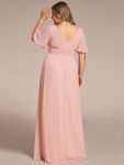 Chiffon Illusion V-Neck Flutter Sleeve Front Slit Evening Dress – Pink