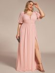 Chiffon Illusion V-Neck Flutter Sleeve Front Slit Evening Dress – Pink