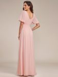 Chiffon Illusion V-Neck Flutter Sleeve Front Slit Evening Dress – Pink