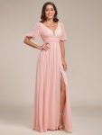 Chiffon Illusion V-Neck Flutter Sleeve Front Slit Evening Dress – Pink