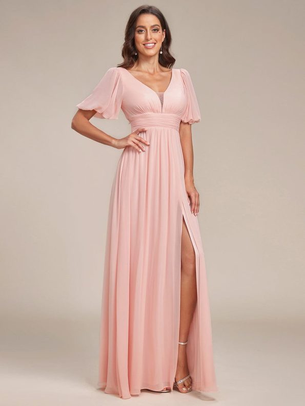 Chiffon Illusion V-Neck Flutter Sleeve Front Slit Evening Dress - Pink