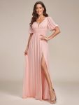 Chiffon Illusion V-Neck Flutter Sleeve Front Slit Evening Dress – Pink