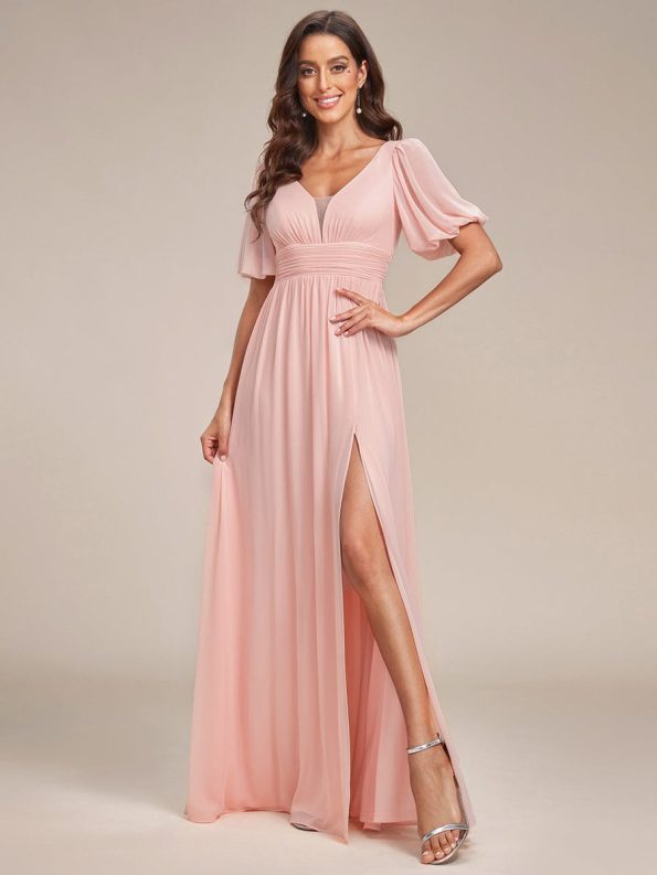 Chiffon Illusion V-Neck Flutter Sleeve Front Slit Evening Dress - Pink