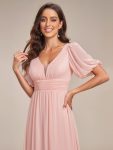 Chiffon Illusion V-Neck Flutter Sleeve Front Slit Evening Dress – Pink