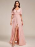 Chiffon Illusion V-Neck Flutter Sleeve Front Slit Evening Dress – Pink