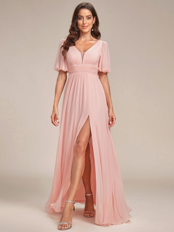 Chiffon Illusion V-Neck Flutter Sleeve Front Slit Evening Dress - Pink