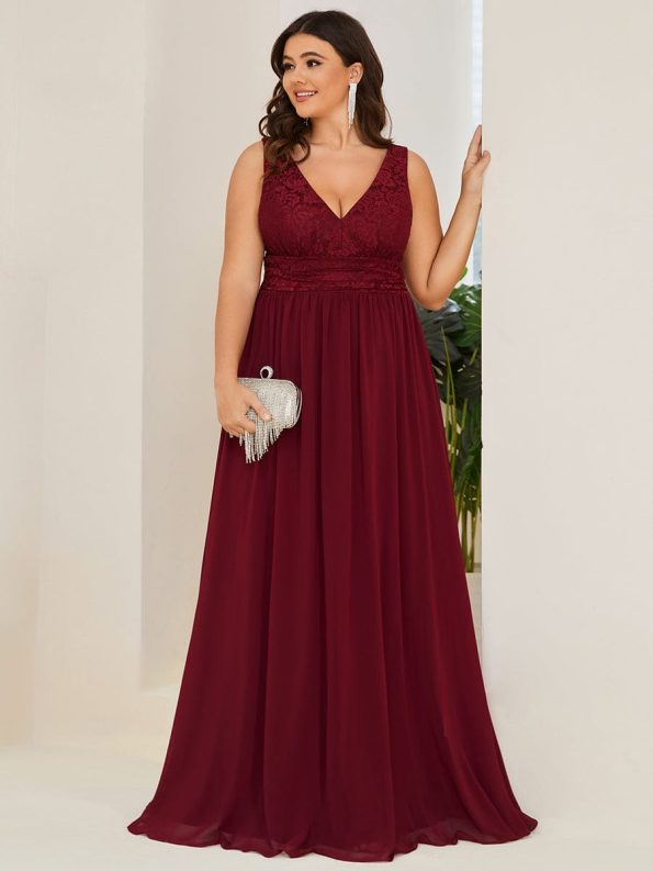 Lace Empire Waist V-Back Sleeveless Chiffon Evening Dress - Burgundy