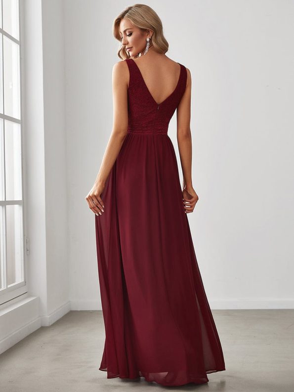 Lace Empire Waist V-Back Sleeveless Chiffon Evening Dress - Burgundy