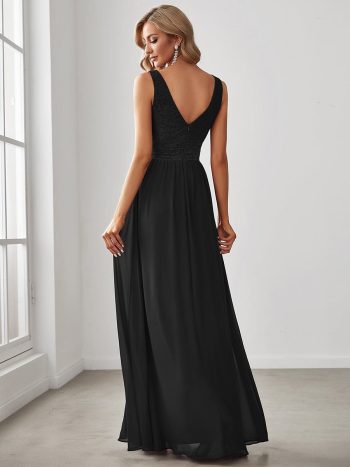 Lace Empire Waist V-Back Sleeveless Chiffon Evening Dress - Black