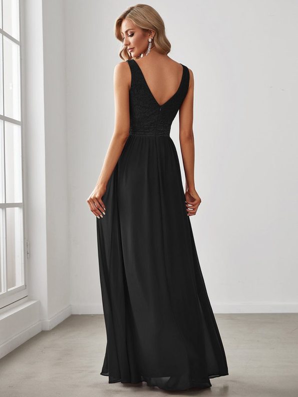 Lace Empire Waist V-Back Sleeveless Chiffon Evening Dress - Black