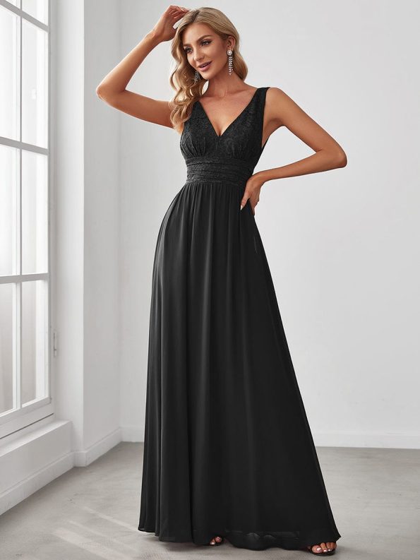 Lace Empire Waist V-Back Sleeveless Chiffon Evening Dress - Black