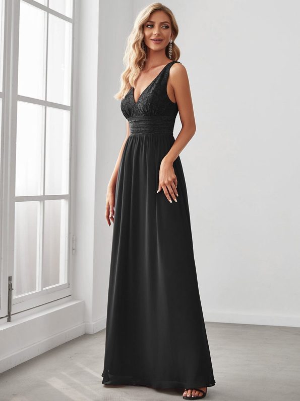 Lace Empire Waist V-Back Sleeveless Chiffon Evening Dress - Black