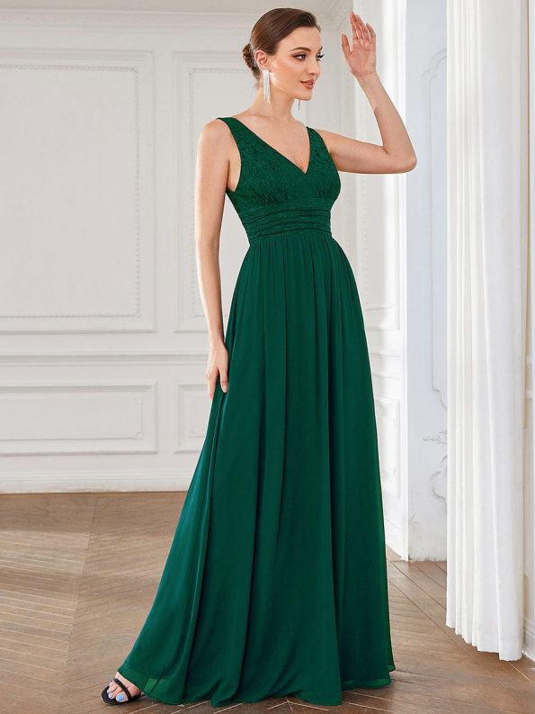 Lace Empire Waist V-Back Sleeveless Chiffon Evening Dress - Dark Green