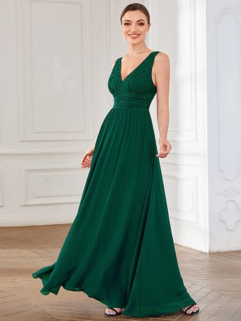 Lace Empire Waist V-Back Sleeveless Chiffon Evening Dress - Dark Green