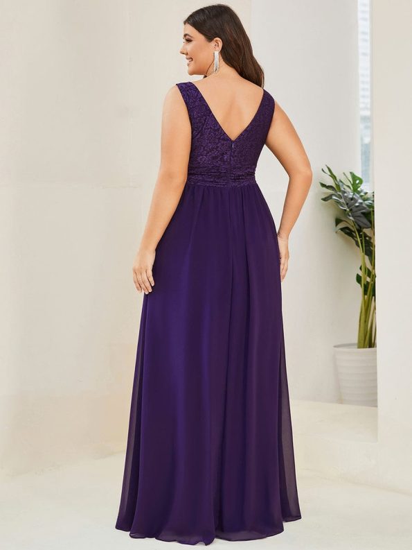 Lace Empire Waist V-Back Sleeveless Chiffon Evening Dress - Dark Purple