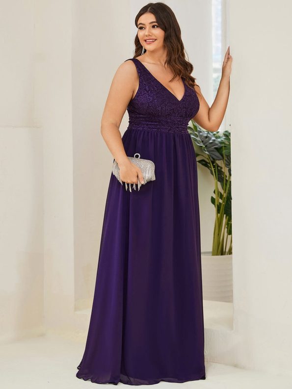 Lace Empire Waist V-Back Sleeveless Chiffon Evening Dress - Dark Purple