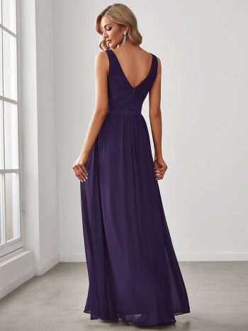 Lace Empire Waist V-Back Sleeveless Chiffon Evening Dress - Dark Purple