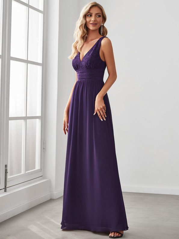 Lace Empire Waist V-Back Sleeveless Chiffon Evening Dress - Dark Purple