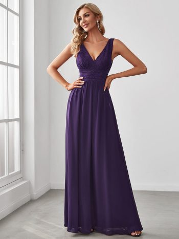 Lace Empire Waist V-Back Sleeveless Chiffon Evening Dress - Dark Purple