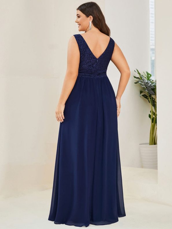 Lace Empire Waist V-Back Sleeveless Chiffon Evening Dress - Navy Blue