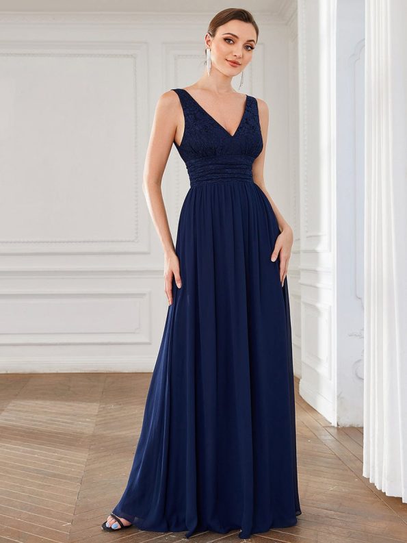 Lace Empire Waist V-Back Sleeveless Chiffon Evening Dress - Navy Blue